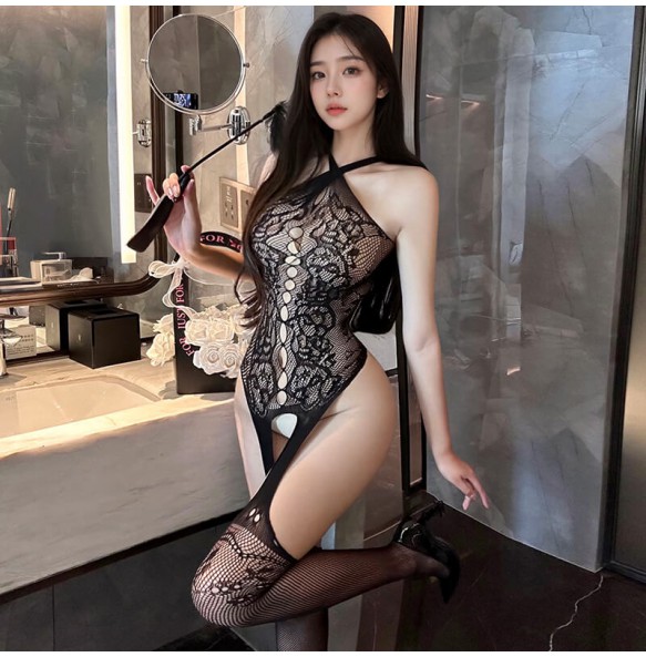 FEE ET MOI - Sexy Western-Style Hollow Jacquard Bodystocking (Black)